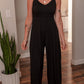 Black Spaghetti Straps Open Back Pleated Wide Leg Jumpsuit