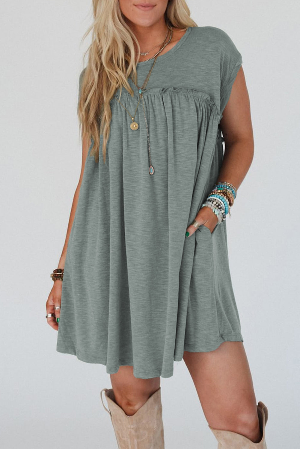 Mist Green Frilled Gathered Seam Round Neck T Shirt Dress