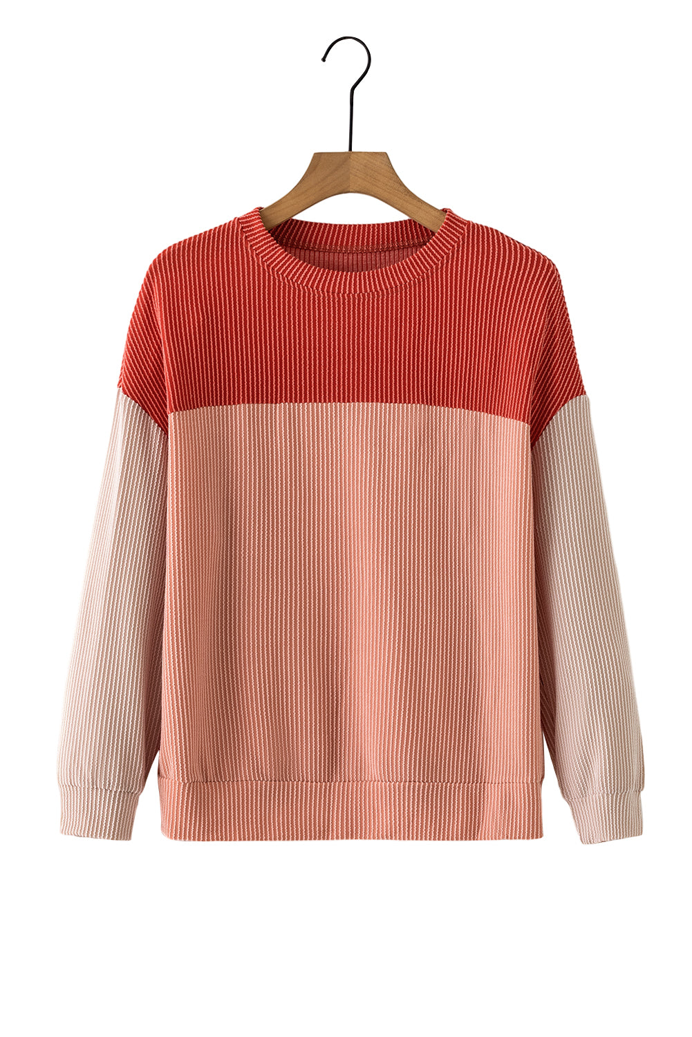 Fiery Red Color Block Long Sleeve Ribbed Loose Top