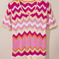 Pink Stripe Chevron Pointelle Knit V Neck Short Sleeve Sweater