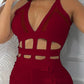 Hollow Out Halter Buckled Contrast Mesh Jumpsuit