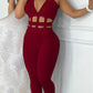 Hollow Out Halter Buckled Contrast Mesh Jumpsuit