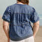 Sail Blue Plus Drawstring V Neck Puff Sleeve Denim Blouse