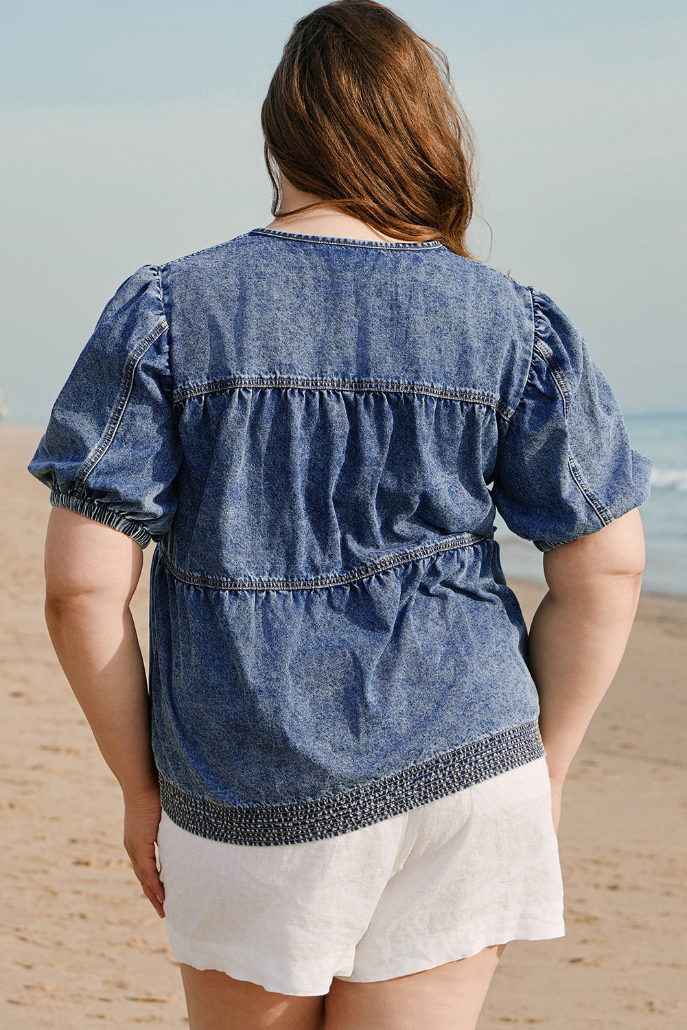 Sail Blue Plus Drawstring V Neck Puff Sleeve Denim Blouse