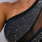 Rhinestone Asymmetrical Neck Sleeveless Slim Fit Sheer Mesh Tank Sexy Top