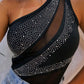 Rhinestone Asymmetrical Neck Sleeveless Slim Fit Sheer Mesh Tank Sexy Top