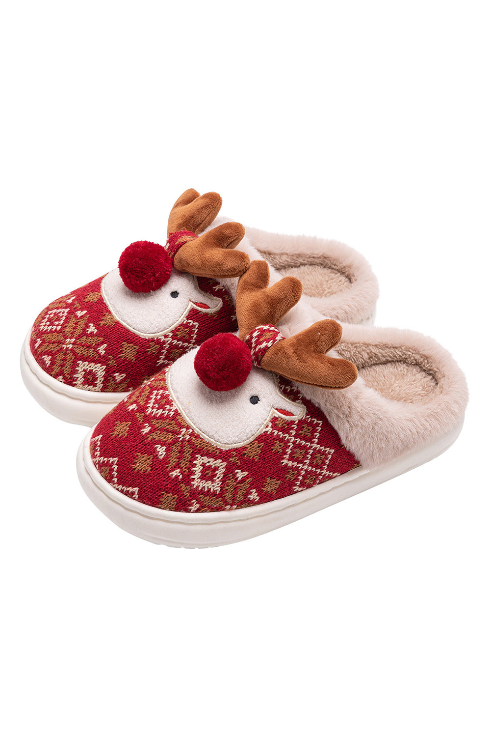 Fiery Red Christmas Cartoon Reindeer Plush Home Slippers