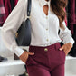 Stand Collar Hollow out Long Sleeve Blouses Button Design Casual Top