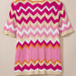 Pink Stripe Chevron Pointelle Knit V Neck Short Sleeve Sweater