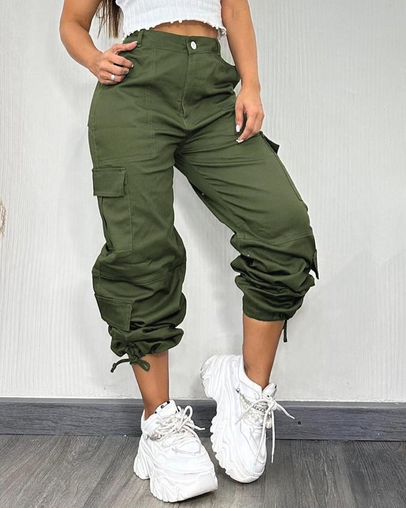 Pocket Design Button Front Cargo Pants Casual High Waisted Cuffed Pants