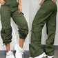 Pocket Design Button Front Cargo Pants Casual High Waisted Cuffed Pants