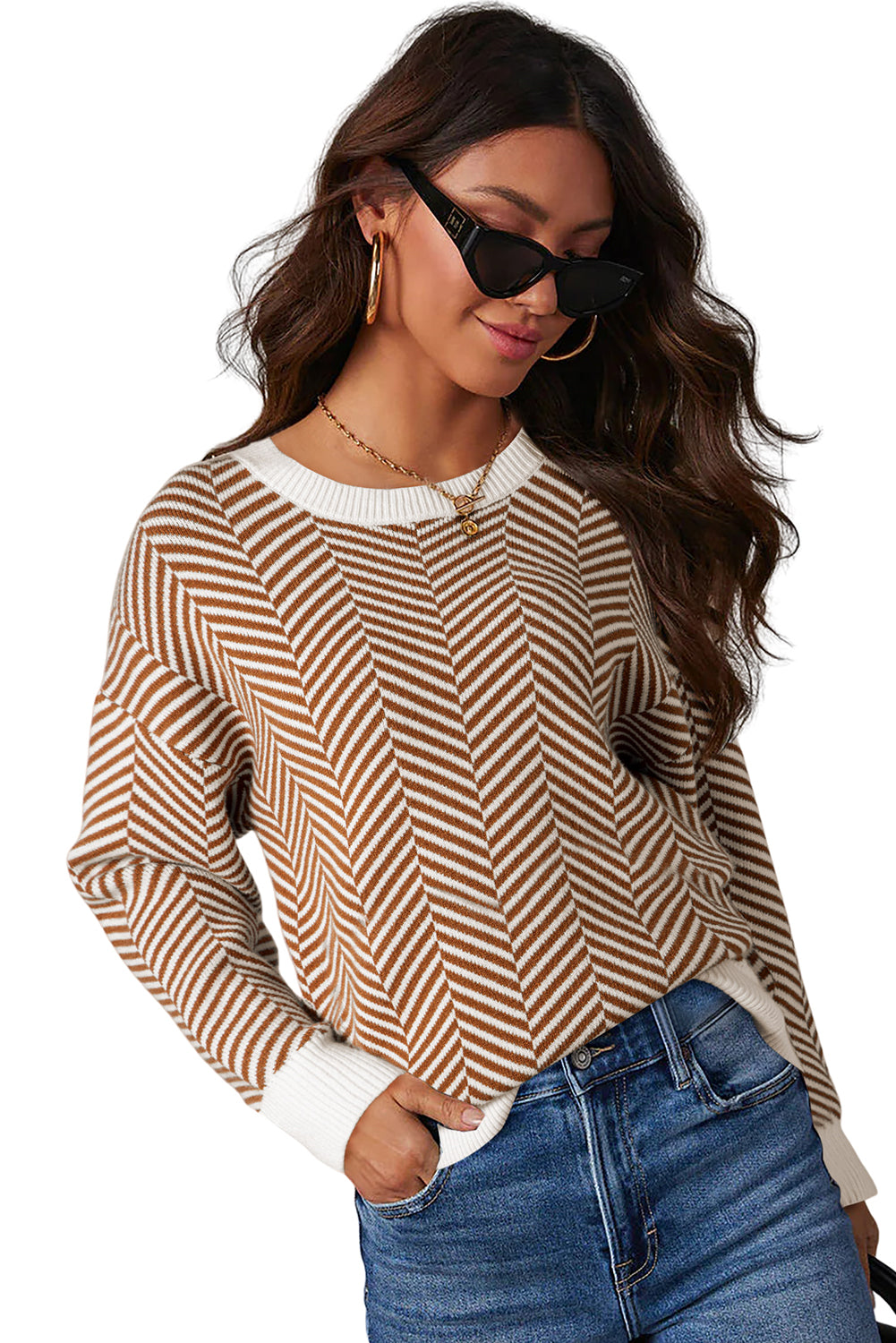 Coffee Contrast Edge Crew Neck Drop Shoulder Sweater