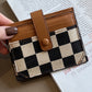 Coffee Leather Checkered Canvas Patchwork Card Storage Wallet