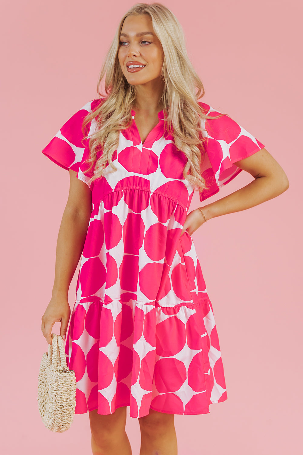 Rose Polka Dot Flutter Sleeve Notched Neck Tiered Flowy Dress