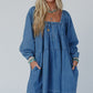 Dusk Blue Square Neck Side Pockets Loose Fit Denim Mini Dress