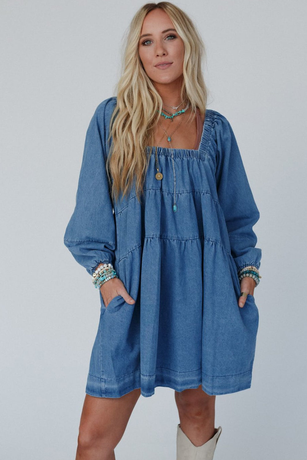 Dusk Blue Square Neck Side Pockets Loose Fit Denim Mini Dress