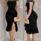 Off Shoulder Rhinestone Decor Slit Ruffles Party Dress