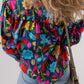 Green Floral Knot Split Neck Puff Sleeve Blouse