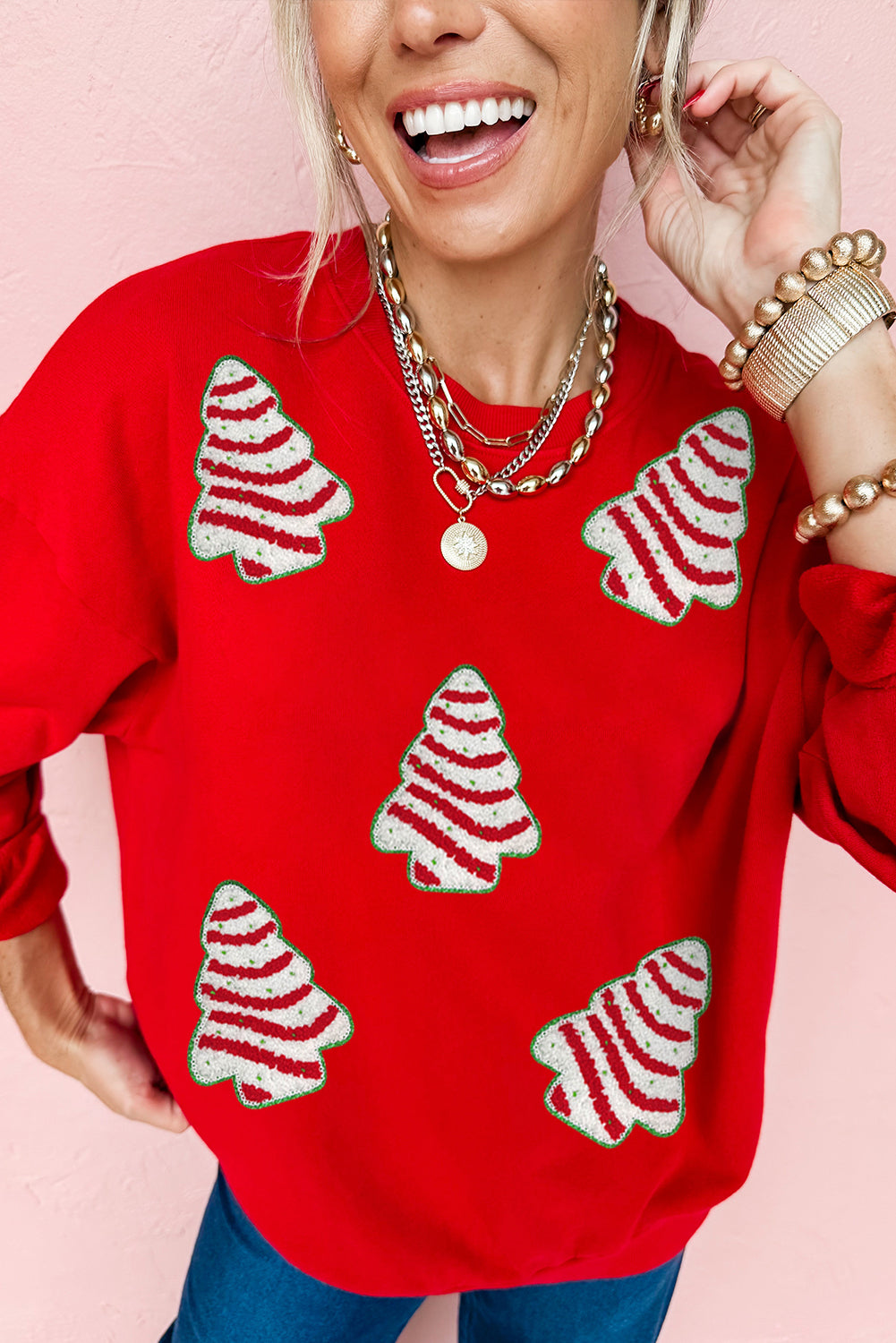 Red Playful Christmas Tree Patched Dropped Shoulder Sweatshirt