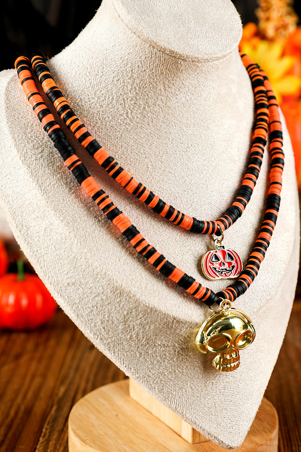 Russet Orange Skull Pumpkin Face Pendant Layered Beaded Halloween Necklace