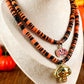 Russet Orange Skull Pumpkin Face Pendant Layered Beaded Halloween Necklace