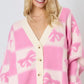 Pink Bowknot Checkered Pattern V Neck Drop Shoulder Button Up Cardigan