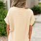 Parchment Crinkle Textured Frayed Trim Half Button Short Sleeve Top