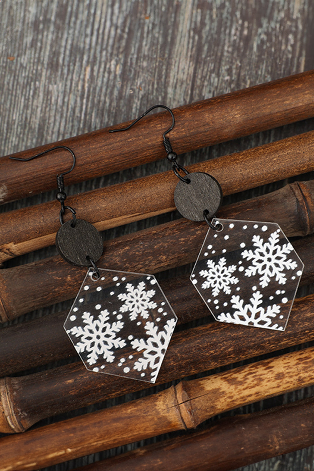 White Snowflake Print Hexagon Acrylic Dangle Earrings