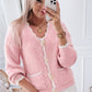 Pink Ribbed Knit Scalloped Edge Side Pockets Buttoned Cardigan