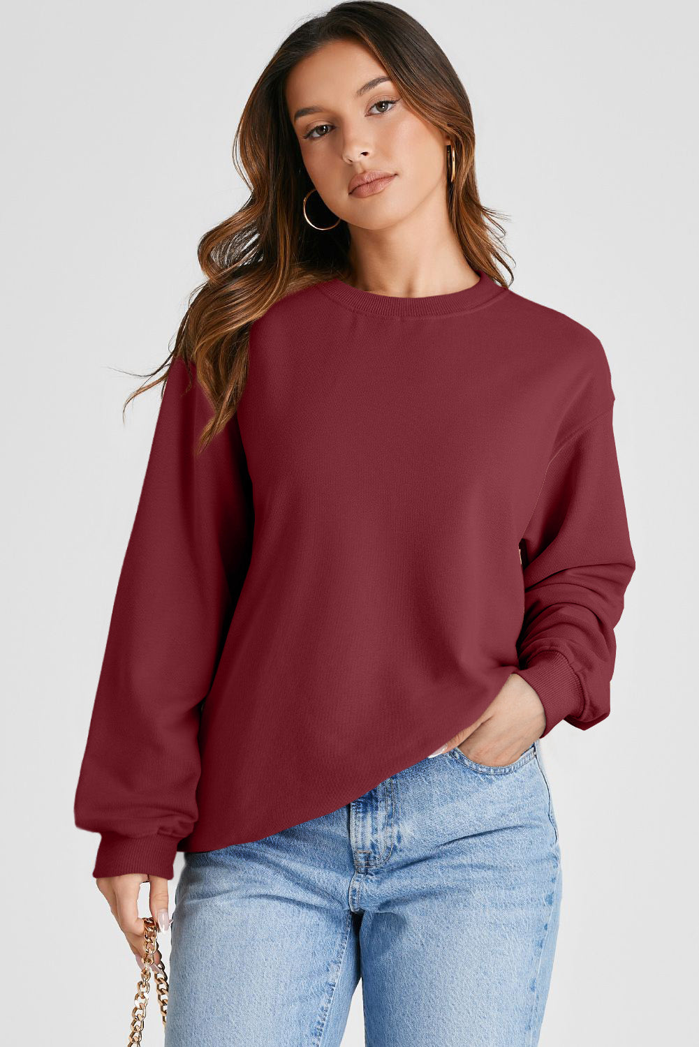 Burgundy Plain Drop Shoulder Crewneck Pullover Sweatshirt