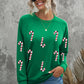 Green Sequin Christmas Candy Cane Graphic Crewneck Pullover Sweatshirt