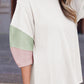 White Color Block Ribbed Knit Quarter Sleeve Top