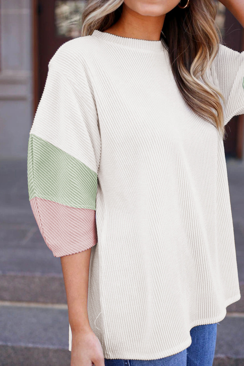 White Color Block Ribbed Knit Quarter Sleeve Top