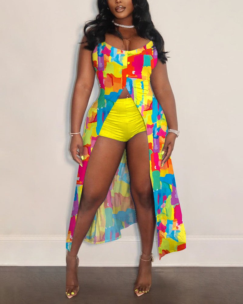 Melting Colors All Over Print Longline Slit Top & Shorts Set