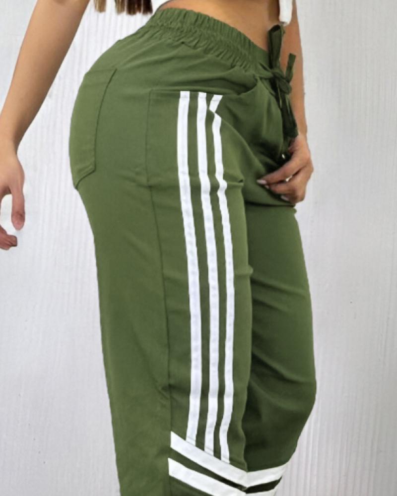 Colorblock Striped Print Pocket Design Cargo Pants Casual Strechy Waist Drawstring Loose Fit Pants