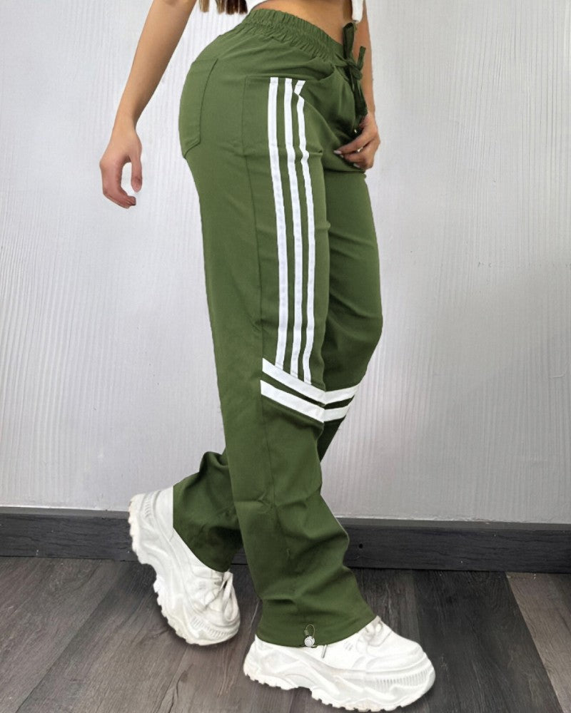 Colorblock Striped Print Pocket Design Cargo Pants Casual Strechy Waist Drawstring Loose Fit Pants