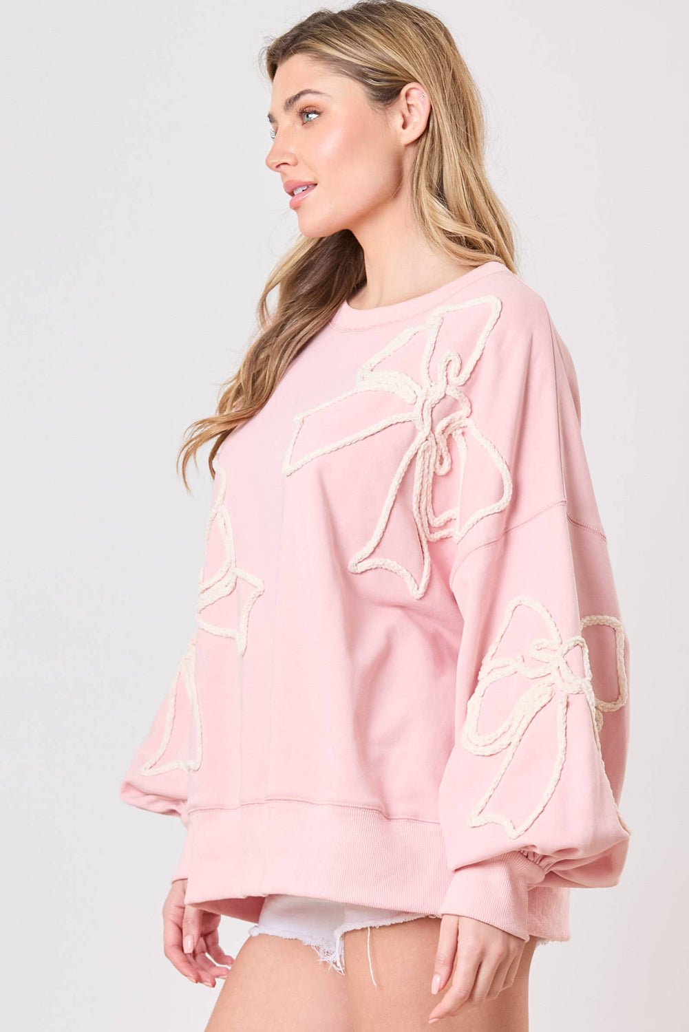 Light Pink Bow Thread Embroidery Ribbed Edge Sweatshirt