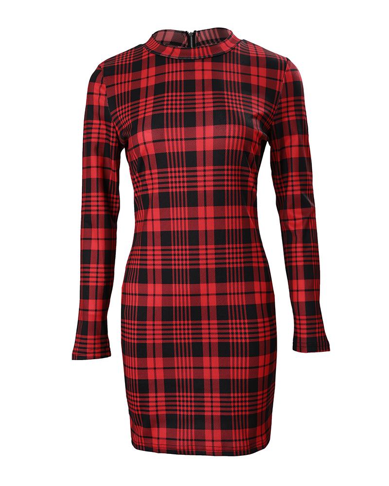 Plaid Long Sleeve Bodycon Dress