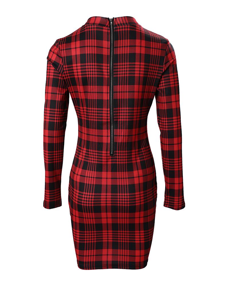 Plaid Long Sleeve Bodycon Dress