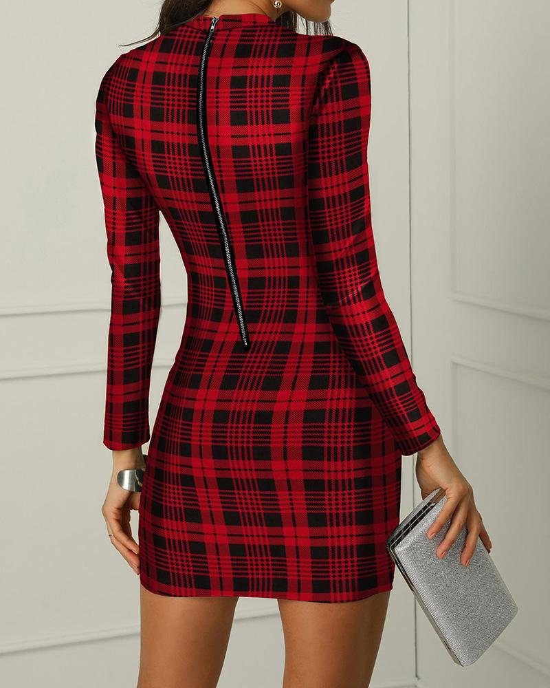 Plaid Long Sleeve Bodycon Dress