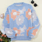 Beau Blue Floral O Neck Drop Shoulder Knitted Sweater