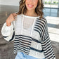 White Stripe Contrast Striped Crochet Puff Sleeve Sweater