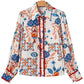 Multicolour Western Printed Ric Rac Bishop Sleeve Button Up Shirt