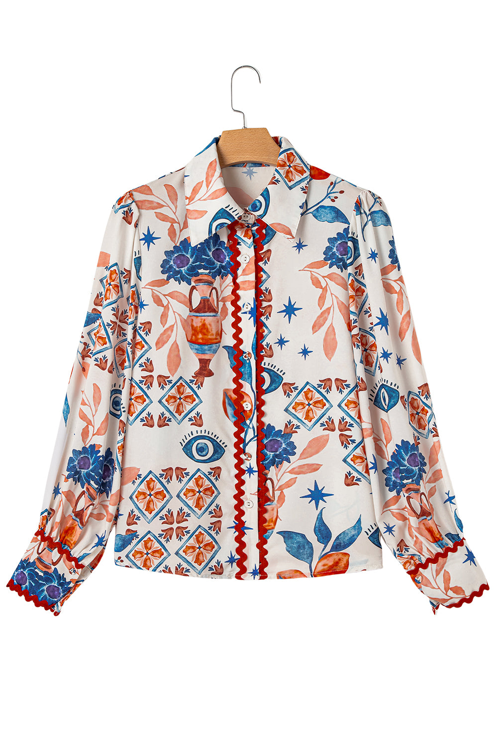 Multicolour Western Printed Ric Rac Bishop Sleeve Button Up Shirt