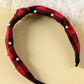 Red Dahlia Pearl Decor Christmas Plaid Knotted Headband