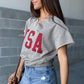 Light Grey USA Lettering Patch Notched Neck Loose Tee