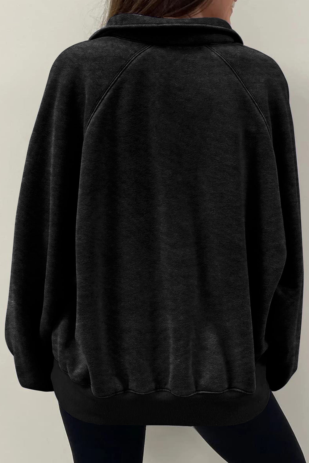 Black Solid Snap Buttons Collared Balloon Sleeve Oversized Sweatshirt