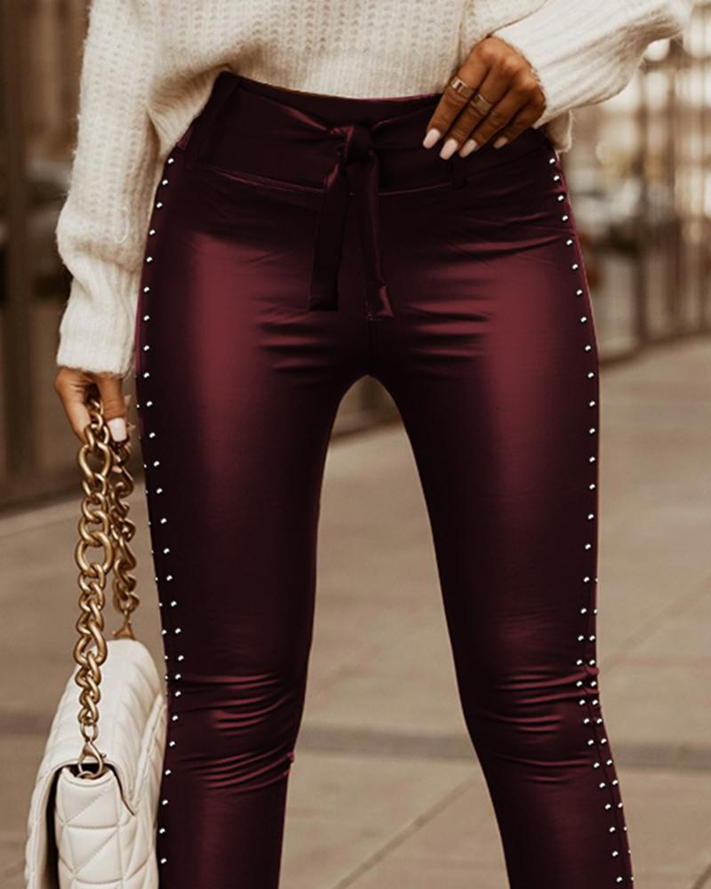 Studded Tied Detail PU Leather Slim Fit Side Sllit High Waist Pants Elegant Pants