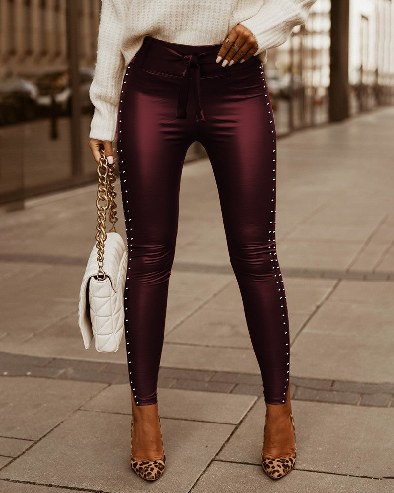 Studded Tied Detail PU Leather Slim Fit Side Sllit High Waist Pants Elegant Pants