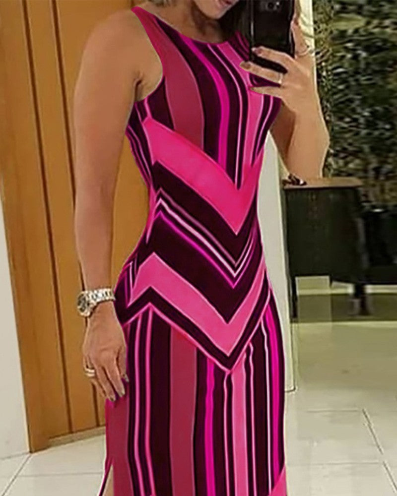 Colorful Striped Print Side Slit Maxi Dress